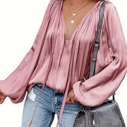 Women's Satin V-Neck Long Sleeve Blouse Casual Lantern Sleeve Top Solid Color Polyester Spandex Blend Woven Shirt for All Seasons