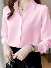 Women's 100% Polyester Long Sleeve Blouse Solid Color Non-Stretch Woven Lapel Collar Professional Business Shirt Sexy Anti-Wrinkle
