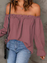 Flirty Off Shoulder Ruffle Trim Blouse - Soft & Flowy Long Sleeve Top for Spring & Fall - Womens Casual Daily Wear