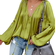 Women's Satin V-Neck Long Sleeve Blouse Casual Lantern Sleeve Top Solid Color Polyester Spandex Blend Woven Shirt for All Seasons