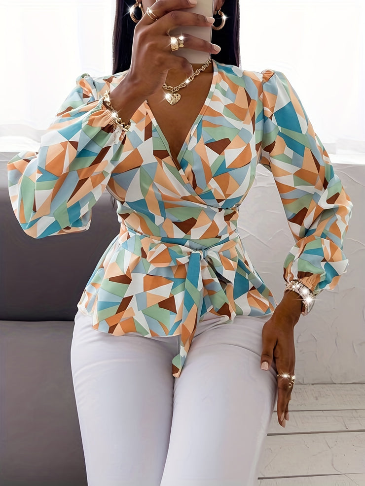 Chic Belted Blouse for Women - Teal Blue/Brown/Orange/Beige/White/Gray/Black Non-See-Through Office to Party Shirt with Adjustable Waist Tie Machine Washable Casual Wear Deep Vneck Breathable Material