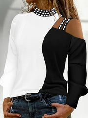 Women's Off-Shoulder Color Block Top Black White Contrast Long Sleeve Casual Shirt Pearl Accents Medium Stretch Machine-Washable