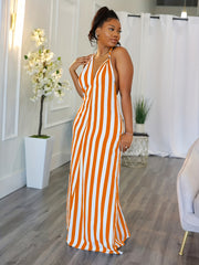 Women's Striped V-neck Halter Dress Backless Design for Spring & Summer Sexy Slip Dress 100% Polyester