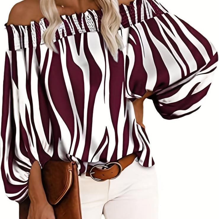 Chic Off Shoulder Striped Blouse - Fashionable Lantern Sleeves - Ultra-Comfortable Womens Casual Top