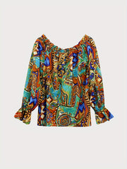 Women's Abstract Print Ruffle Trim Blouse Long Sleeve Off-Shoulder Elegant Woven Vacation Top