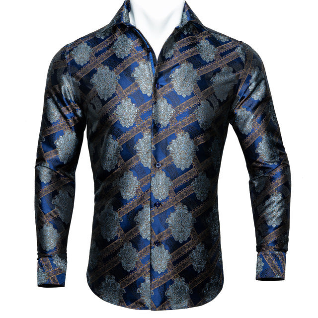 Barry.Wang Teal Paisley Floral Silk  Autumn Long Sleeve Casual Flower Designer Fit Dress Shirt