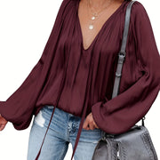 Women's Satin V-Neck Long Sleeve Blouse Casual Lantern Sleeve Top Solid Color Polyester Spandex Blend Woven Shirt for All Seasons