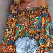 Women's Abstract Print Ruffle Trim Blouse Long Sleeve Off-Shoulder Elegant Woven Vacation Top