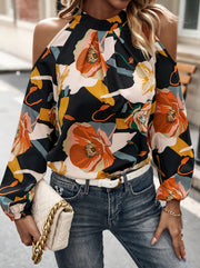 Chic Floral Print Halter Neck Blouse for Women Elegant Cold Shoulder Long Sleeve Machine Washable Polyester Casual Stylish Top