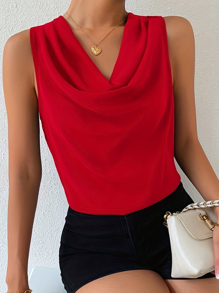 Chic Sleeveless Cowl Neck Blouse for Women Elegant Draped Top Solid Color Casual Wear Polyester Spring/Summer Fashion