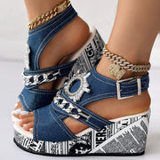 Newspaper Buckle Denim Wedge Slides - Anklet Not Included