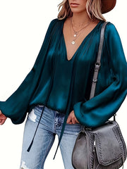 Women's Satin V-Neck Long Sleeve Blouse Casual Lantern Sleeve Top Solid Color Polyester Spandex Blend Woven Shirt for All Seasons