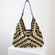 Women's Fashion Handmade Straw Woven Hollow Contrast Color Weave Shoulder Bag