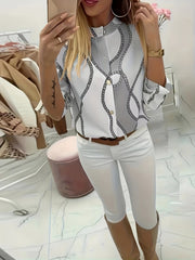 Women's Trendy Boho Chain Print Blouse Rollable Sleeves Stand Collar Durable Non-Sheer Easy Care Top for Spring/Summer/Fall