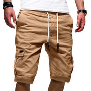 Men's casual jogger cargo shorts in khaki with tether closure.