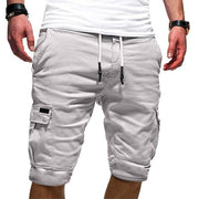 Men's white casual jogger cargo shorts with tether closure, perfect for workouts and summer wear.