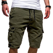 Men's casual jogger sports cargo shorts in army green with tether closure.