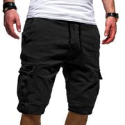 Men's casual jogger sports cargo shorts in black with tether closure, ideal for workouts and summer wear.