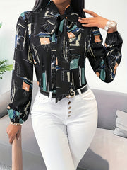 Chic Abstract Print Tie Neck Blouse Flattering Long Sleeves Women's Office Wear Casual V-neck Polyester