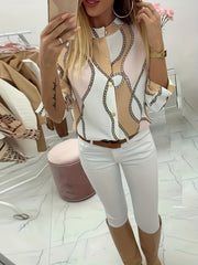 Women's Trendy Boho Chain Print Blouse Rollable Sleeves Stand Collar Durable Non-Sheer Easy Care Top for Spring/Summer/Fall