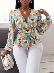 Chic Belted Blouse for Women - Teal Blue/Brown/Orange/Beige/White/Gray/Black Non-See-Through Office to Party Shirt with Adjustable Waist Tie Machine Washable Casual Wear Deep Vneck Breathable Material