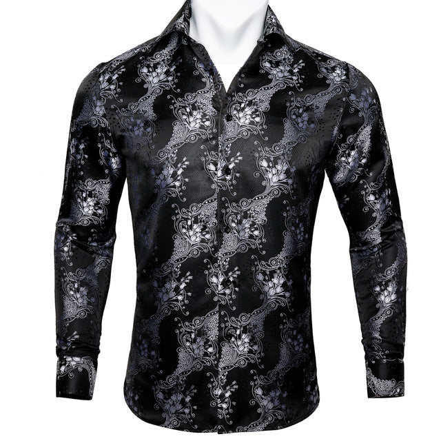 Barry.Wang Teal Paisley Floral Silk  Autumn Long Sleeve Casual Flower Designer Fit Dress Shirt