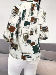 Chic Abstract Print Tie Neck Blouse Flattering Long Sleeves Women's Office Wear Casual V-neck Polyester