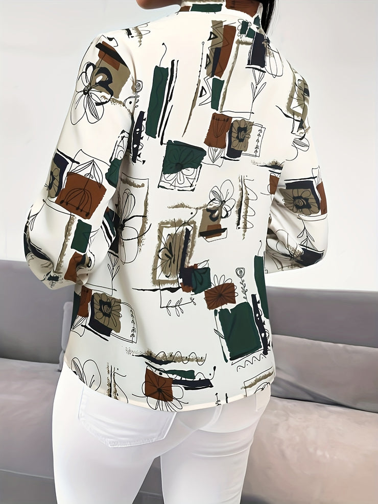 Chic Abstract Print Tie Neck Blouse Flattering Long Sleeves Women&