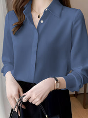 Women's 100% Polyester Long Sleeve Blouse Solid Color Non-Stretch Woven Lapel Collar Professional Business Shirt Sexy Anti-Wrinkle