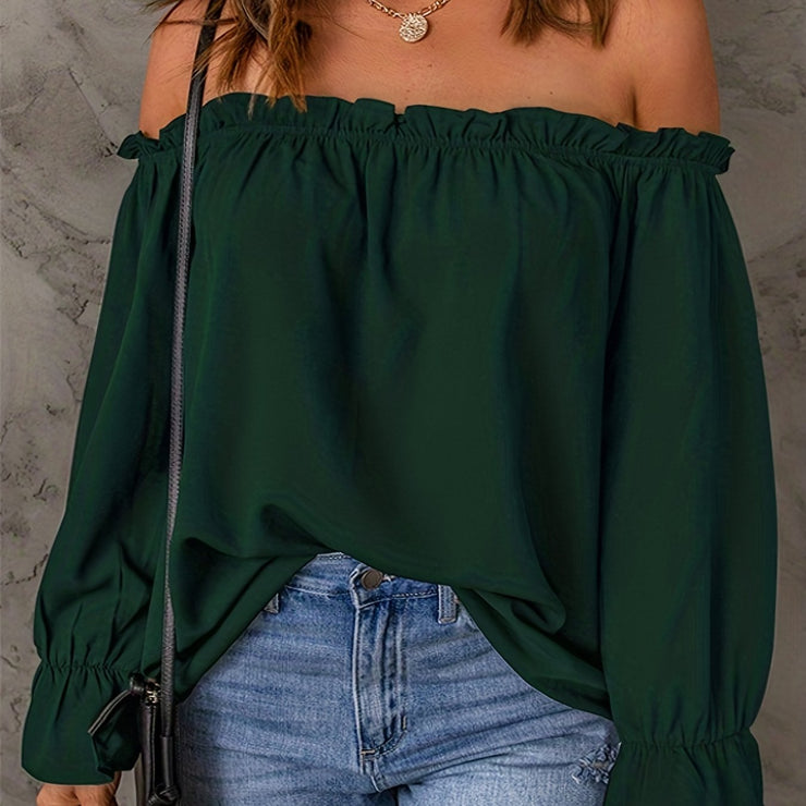 Flirty Off Shoulder Ruffle Trim Blouse - Soft & Flowy Long Sleeve Top for Spring & Fall - Womens Casual Daily Wear