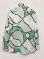 Women's Trendy Boho Chain Print Blouse Rollable Sleeves Stand Collar Durable Non-Sheer Easy Care Top for Spring/Summer/Fall