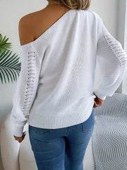 Women's Casual Solid Color Hollow - Out Off - Shoulder Long - Sleeve Pullover Sweater - Fashion Trend Long - Sleeve Slim - Fitting Top for Women - Daily Commute Outfit
