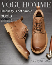 Men's  Leather Boots Flat Lace-up Mid-top Boots Casual Shoes