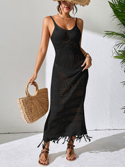 Cutout Sling Long Dress Slim-fit Tassel Beach Sleeveless Knitted V-neck