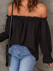 Flirty Off Shoulder Ruffle Trim Blouse - Soft & Flowy Long Sleeve Top for Spring & Fall - Womens Casual Daily Wear