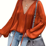Women's Satin V-Neck Long Sleeve Blouse Casual Lantern Sleeve Top Solid Color Polyester Spandex Blend Woven Shirt for All Seasons