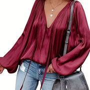 Women's Satin V-Neck Long Sleeve Blouse Casual Lantern Sleeve Top Solid Color Polyester Spandex Blend Woven Shirt for All Seasons