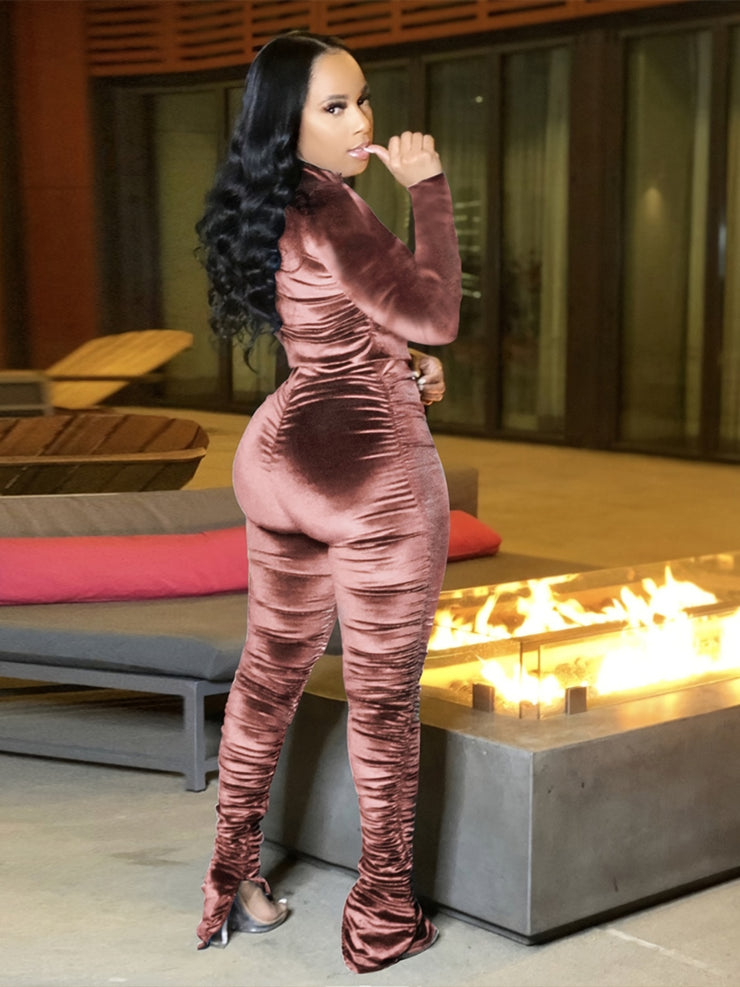 Long Sleeve Crop Top & High Waist Ruched Ruffle Pants Set Soft Polyester Knit Casual Wear Eye Catching Solid Color for Women