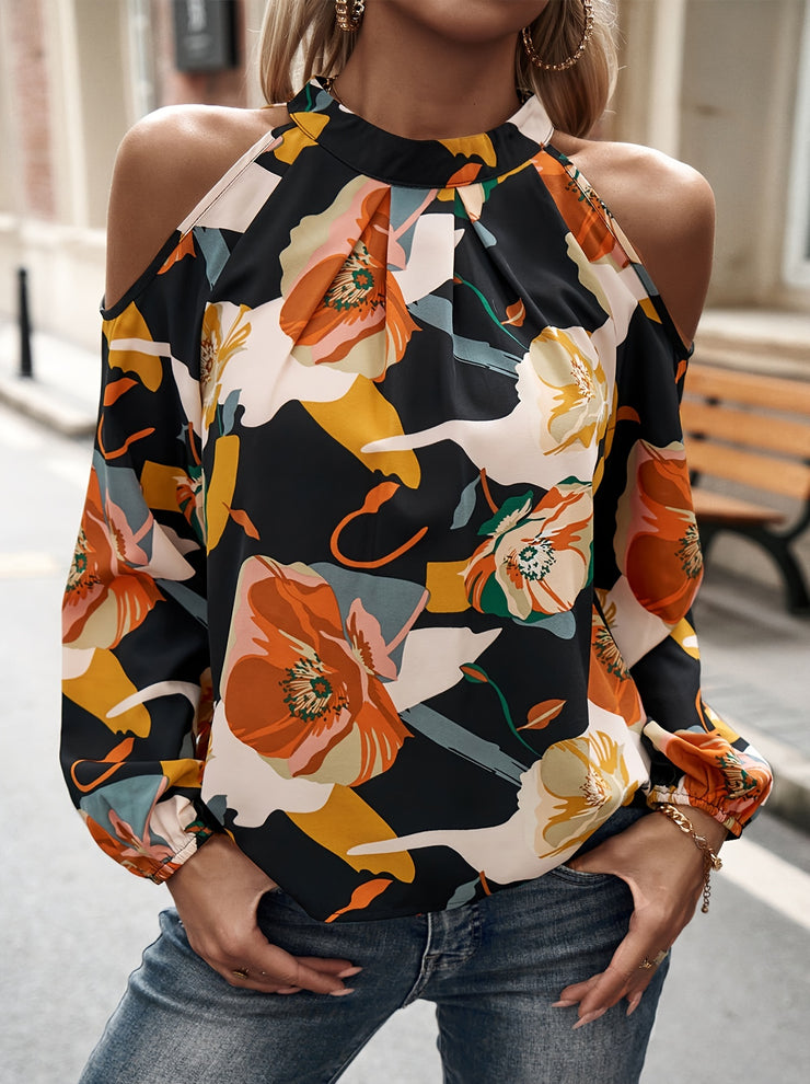 Chic Floral Print Halter Neck Blouse for Women Elegant Cold Shoulder Long Sleeve Machine Washable Polyester Casual Stylish Top