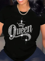 Women's "Queen" Glam Graphic T-Shirt - Sparkling Crown Design, 100% Cotton, Crew Neck, Short Sleeve Casual Top for Spring & Summer, Machine Washable