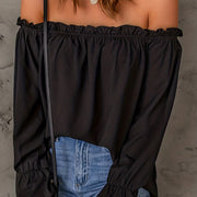 Flirty Off Shoulder Ruffle Trim Blouse - Soft & Flowy Long Sleeve Top for Spring & Fall - Womens Casual Daily Wear