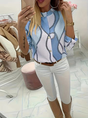 Women's Trendy Boho Chain Print Blouse Rollable Sleeves Stand Collar Durable Non-Sheer Easy Care Top for Spring/Summer/Fall