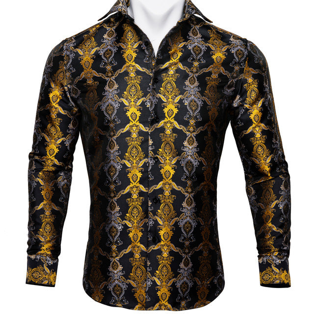 Barry.Wang Teal Paisley Floral Silk  Autumn Long Sleeve Casual Flower Designer Fit Dress Shirt