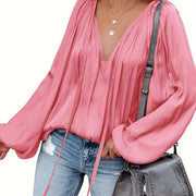 Women's Satin V-Neck Long Sleeve Blouse Casual Lantern Sleeve Top Solid Color Polyester Spandex Blend Woven Shirt for All Seasons