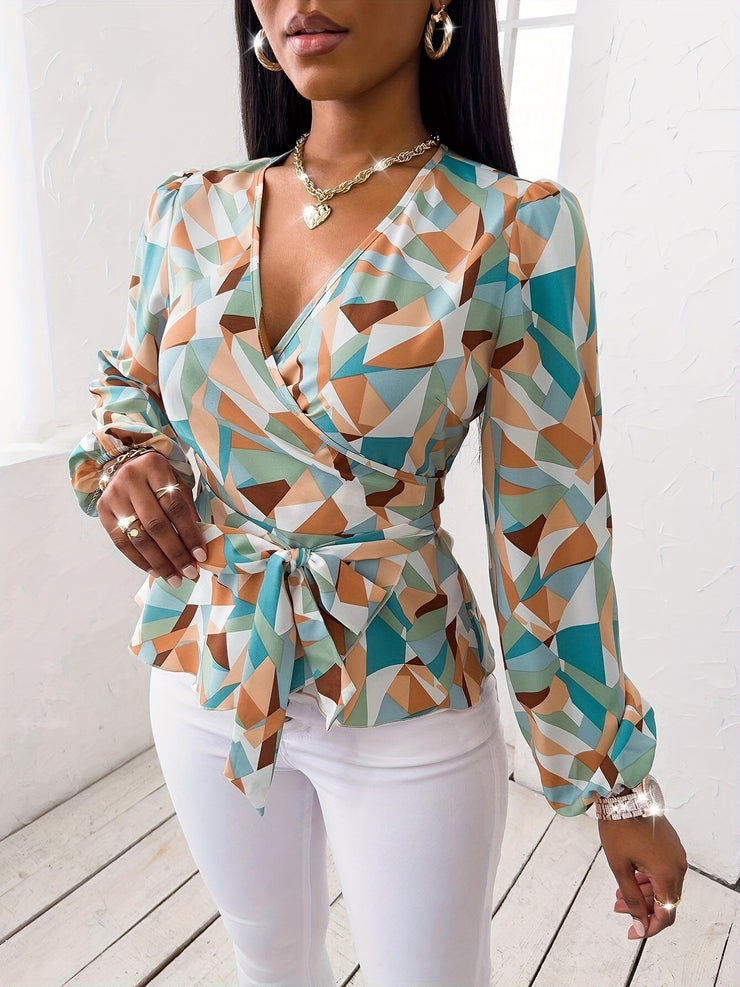 Chic Belted Blouse for Women - Teal Blue/Brown/Orange/Beige/White/Gray/Black Non-See-Through Office to Party Shirt with Adjustable Waist Tie Machine Washable Casual Wear Deep Vneck Breathable Material