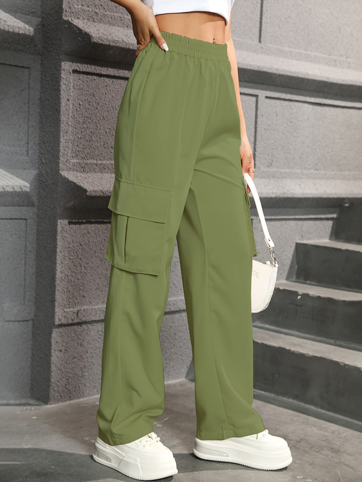 Straight Leg Cargo Pants, High Waist Solid Pants For Spring & Fall, Women&