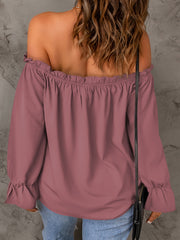 Flirty Off Shoulder Ruffle Trim Blouse - Soft & Flowy Long Sleeve Top for Spring & Fall - Womens Casual Daily Wear