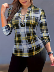 Women's Casual Long Sleeve V Neck Plaid Print Blouse Drawstring Detailing Comfortable Polyester Blend Regular Fit Top