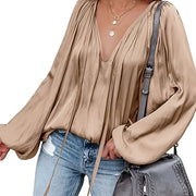 Women's Satin V-Neck Long Sleeve Blouse Casual Lantern Sleeve Top Solid Color Polyester Spandex Blend Woven Shirt for All Seasons
