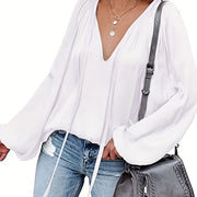 Women's Satin V-Neck Long Sleeve Blouse Casual Lantern Sleeve Top Solid Color Polyester Spandex Blend Woven Shirt for All Seasons